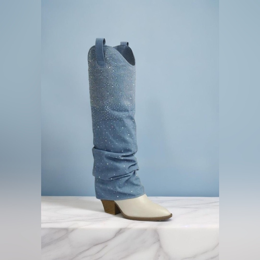 Rhinestone Slouchy Denim Two-Tone Fold Over Boots - Forever